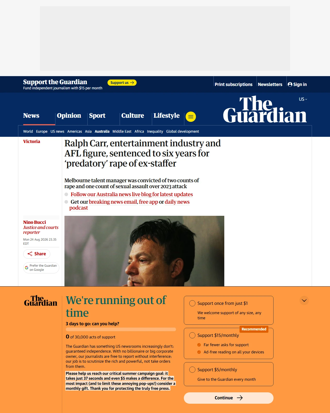 theguardian.com as published: Ralph Carr, entertainment industry and AFL figure, sentenced to six years for ‘predatory’ rape of ex-staffer