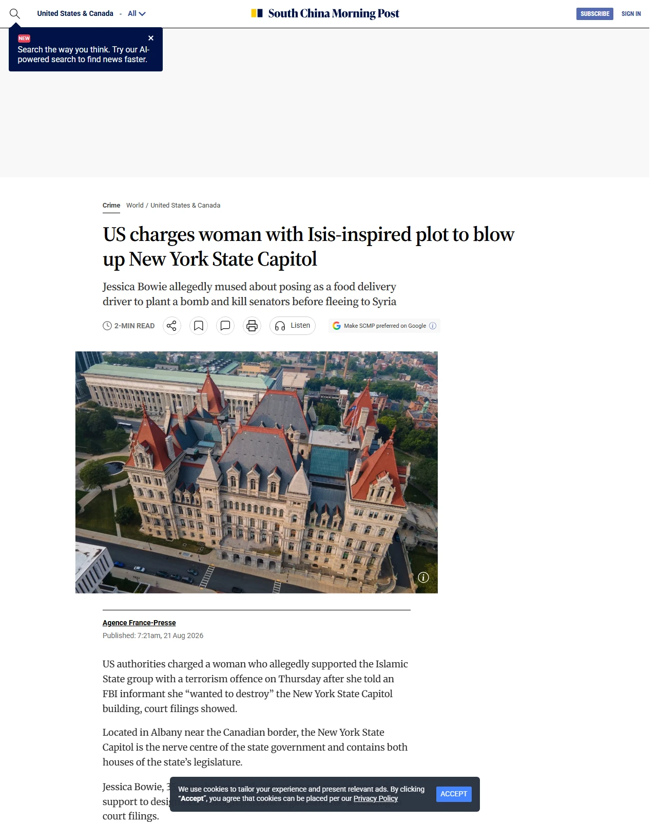 scmp.com as published: US charges woman with Isis-inspired plot to blow up New York State Capitol
