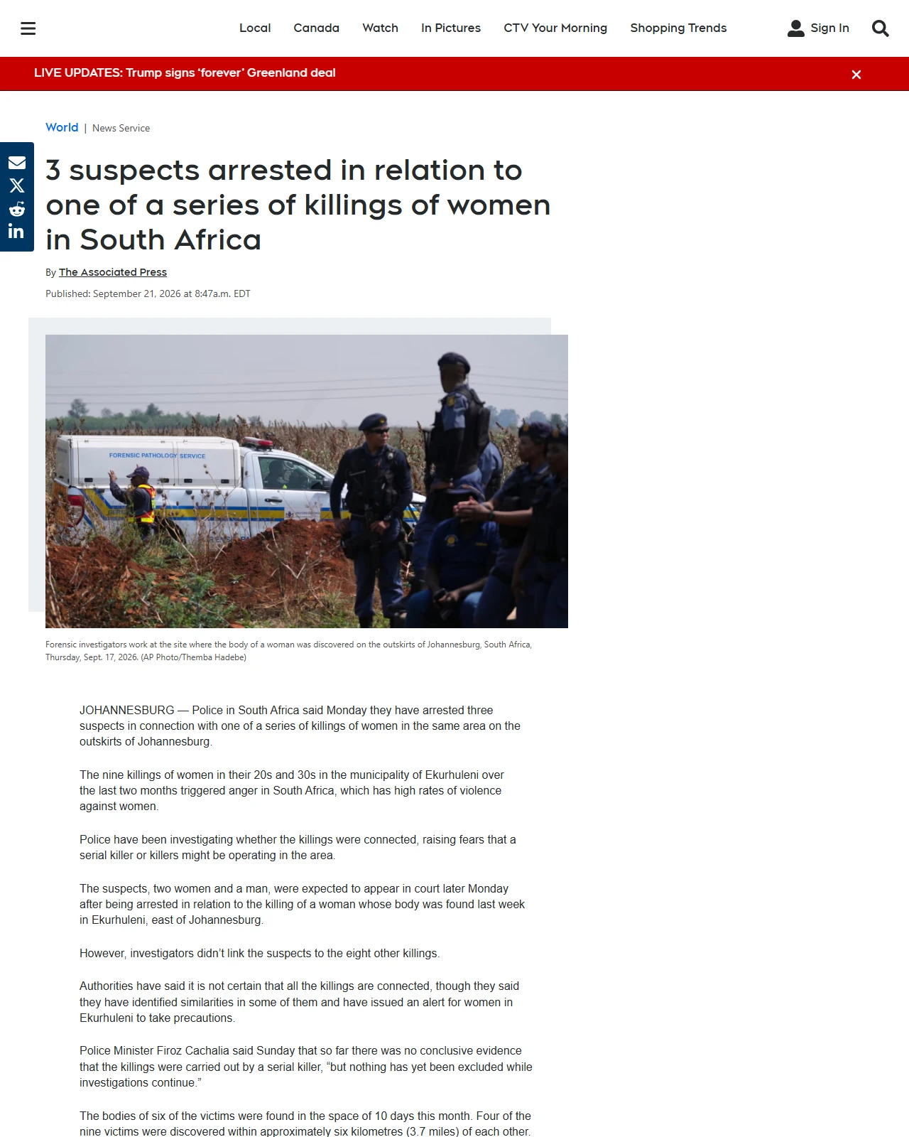 ctvnews.ca as published: 3 suspects arrested in relation to one of a series of killings of women in South Africa