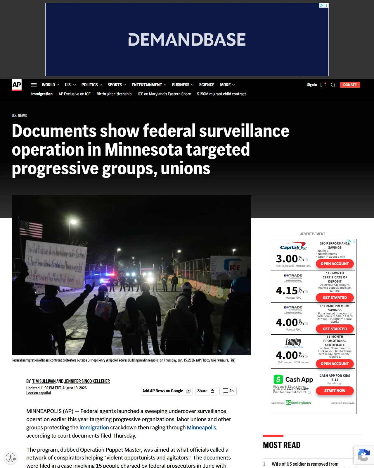 apnews.com as published: Documents show federal surveillance operation in Minnesota targeted progressive groups, unions