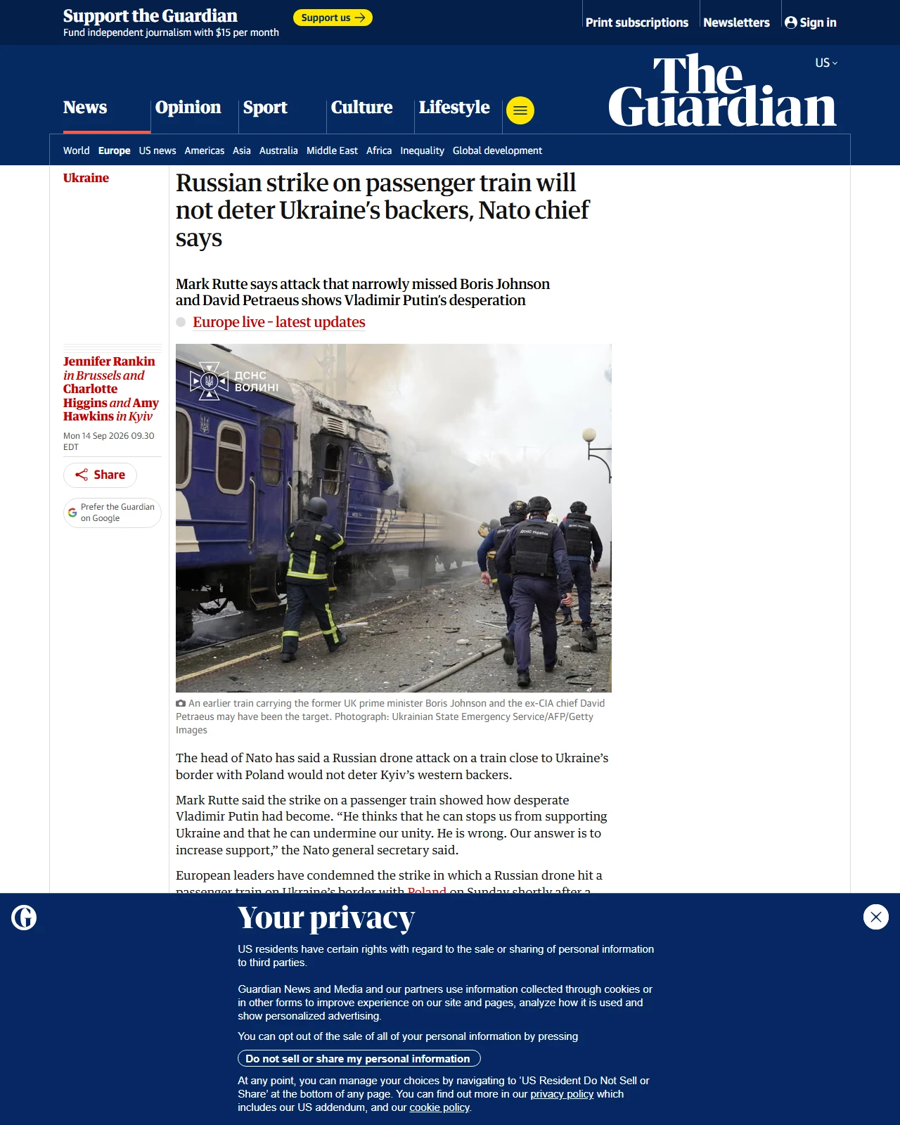 theguardian.com as published: ‘We are not scared,’ says top EU diplomat after Russian strike on passenger train