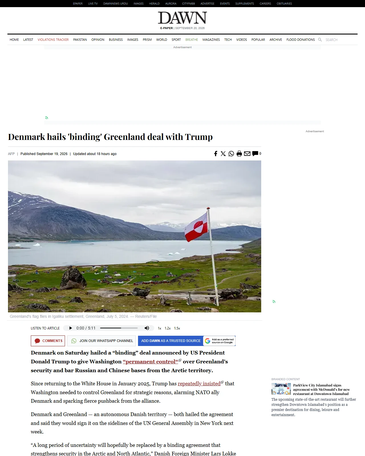 dawn.com as published: Denmark hails 'binding' Greenland deal with Trump
