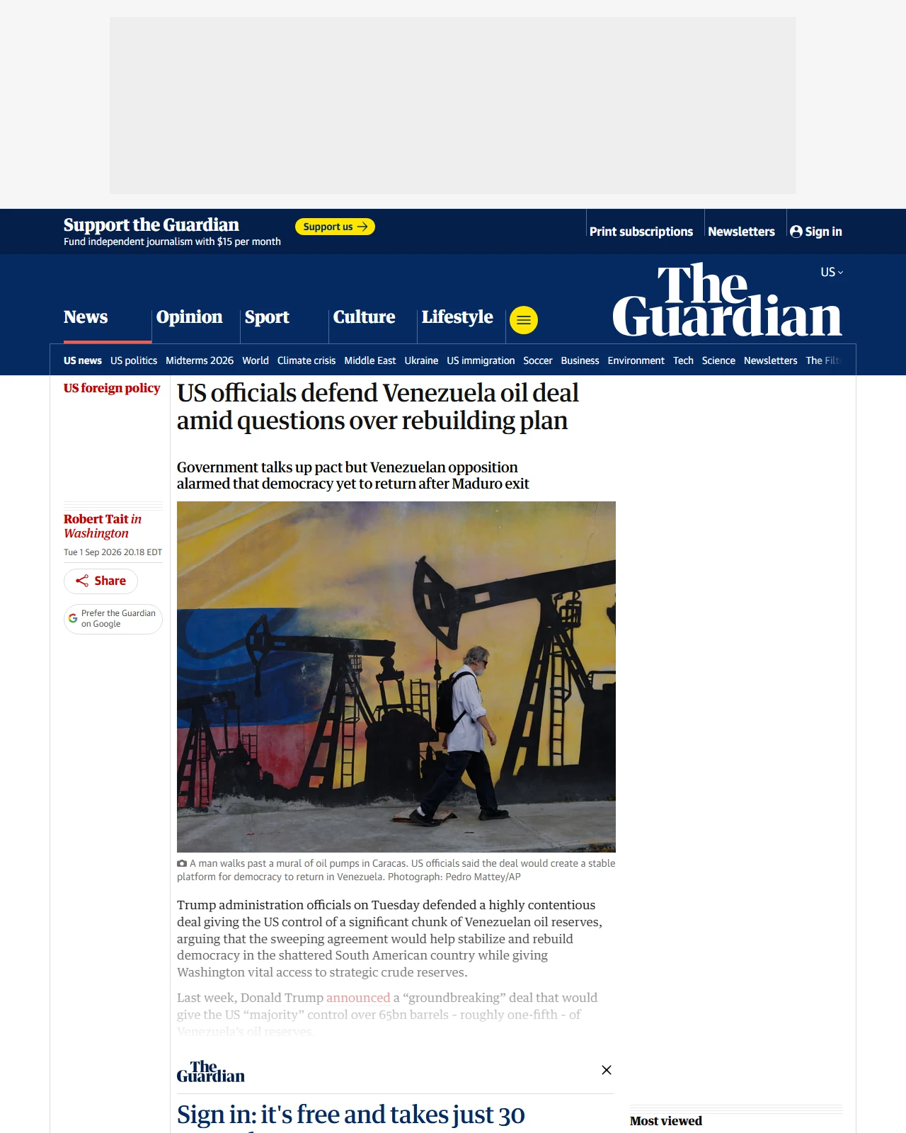 theguardian.com as published: US officials defend Venezuela oil deal amid questions over rebuilding plan