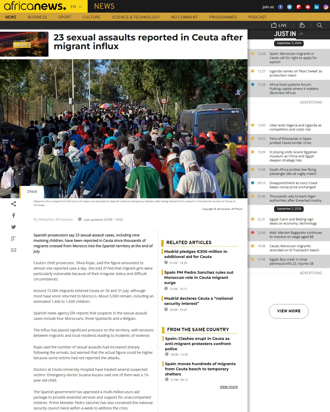 africanews.com as published: 23 sexual assaults reported in Ceuta after migrant influx