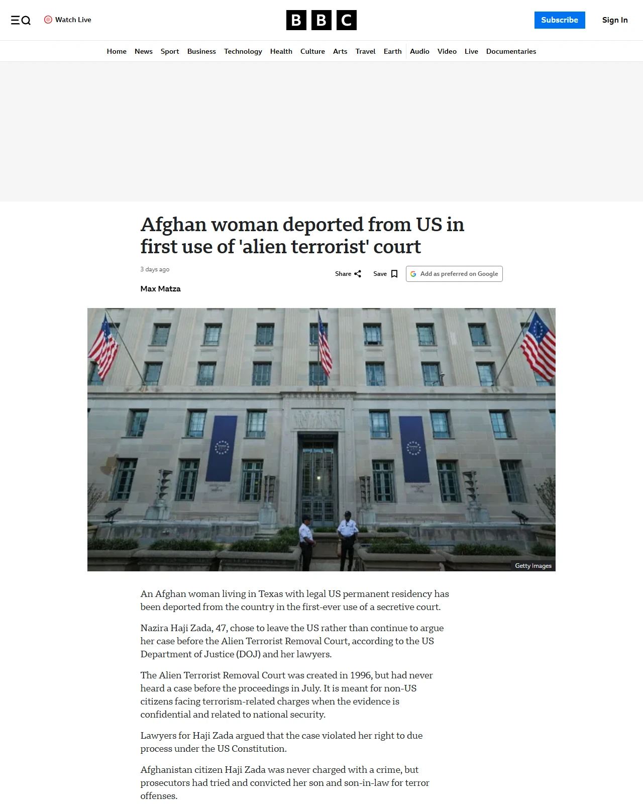 bbc.co.uk as published: Afghan woman deported from US in first use of 'alien terrorist' court