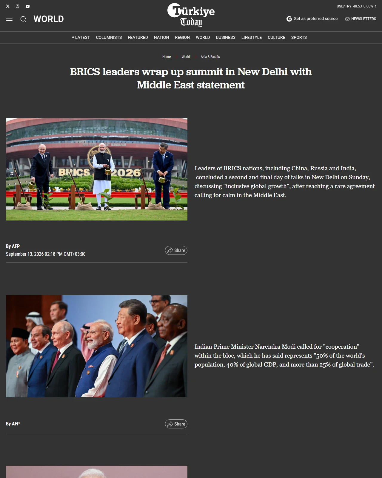 turkiyetoday.com as published: BRICS leaders wrap up summit in New Delhi with Middle East statement