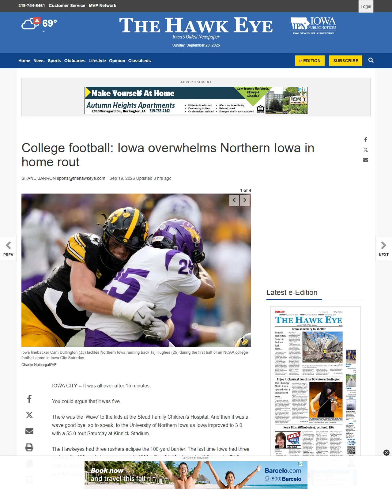 mississippivalleypublishing.com as published: College football: Iowa overwhelms Northern Iowa in home rout | The Hawk Eye - Burlington, Iowa