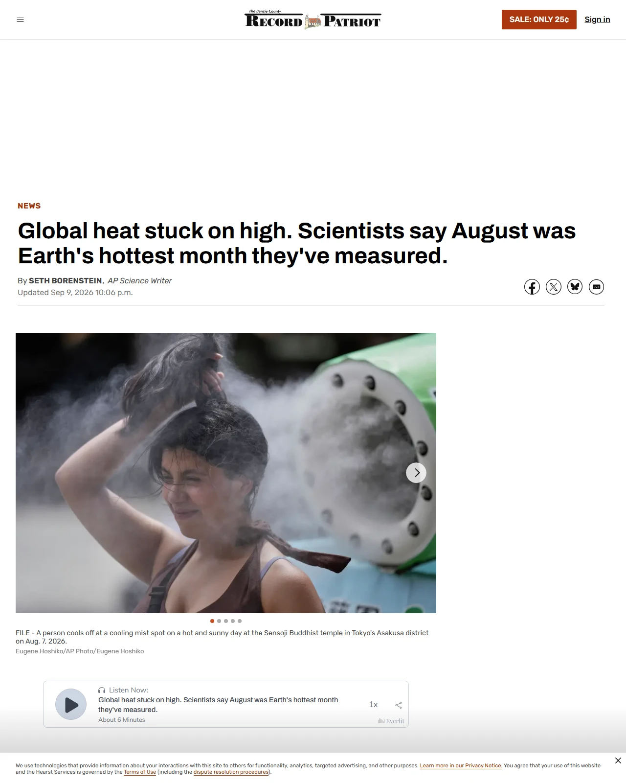 recordpatriot.com as published: Global heat stuck on high. Scientists say August was Earth's hottest month they've measured.