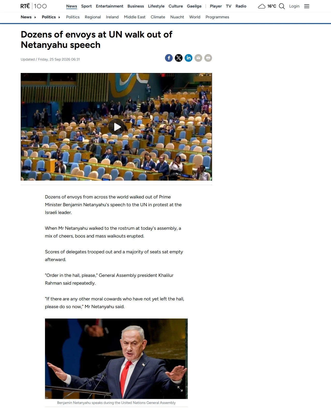 rte.ie as published: Dozens of envoys at UN walk out of Netanyahu speech