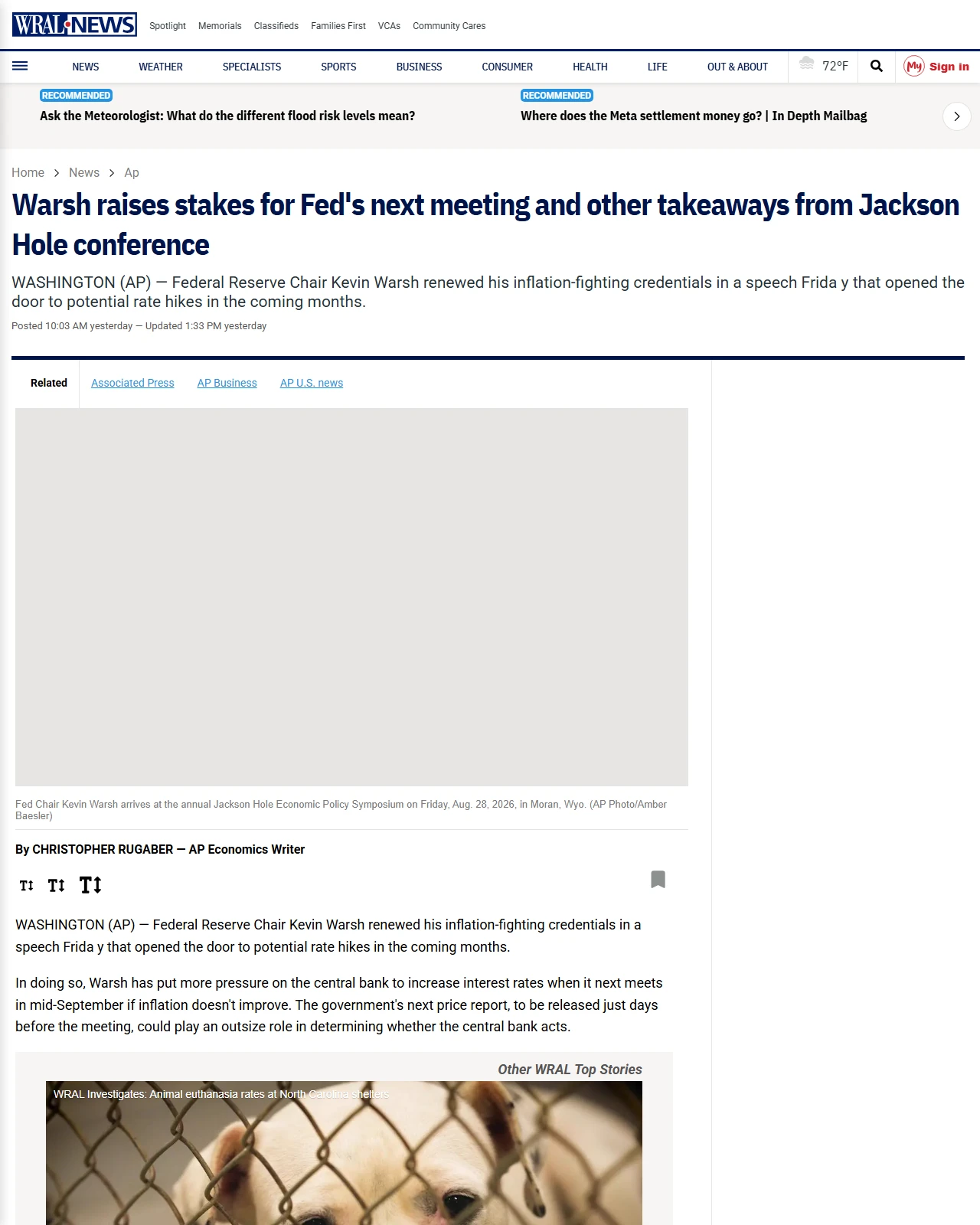 wral.com as published: Warsh raises stakes for Fed's next meeting and other takeaways from Jackson Hole conference