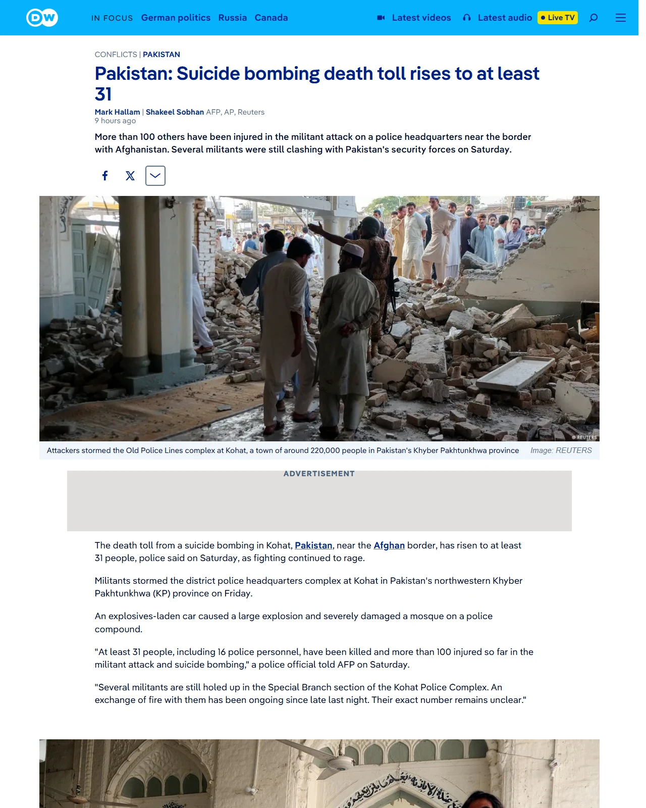 dw.com as published: Pakistan: Suicide bombing death toll rises to at least 31