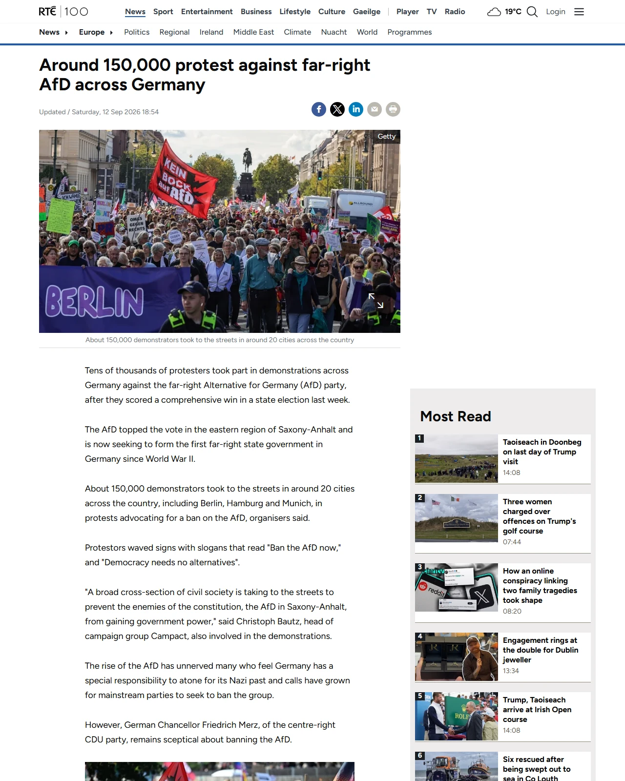 rte.ie as published: Around 150,000 protest against far-right AfD in Germany