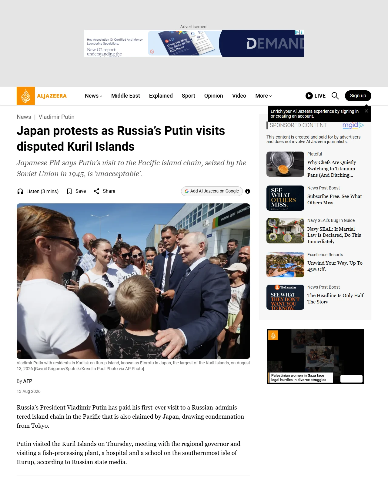 aljazeera.com as published: Japan protests as Russia’s Putin visits disputed Kuril Islands