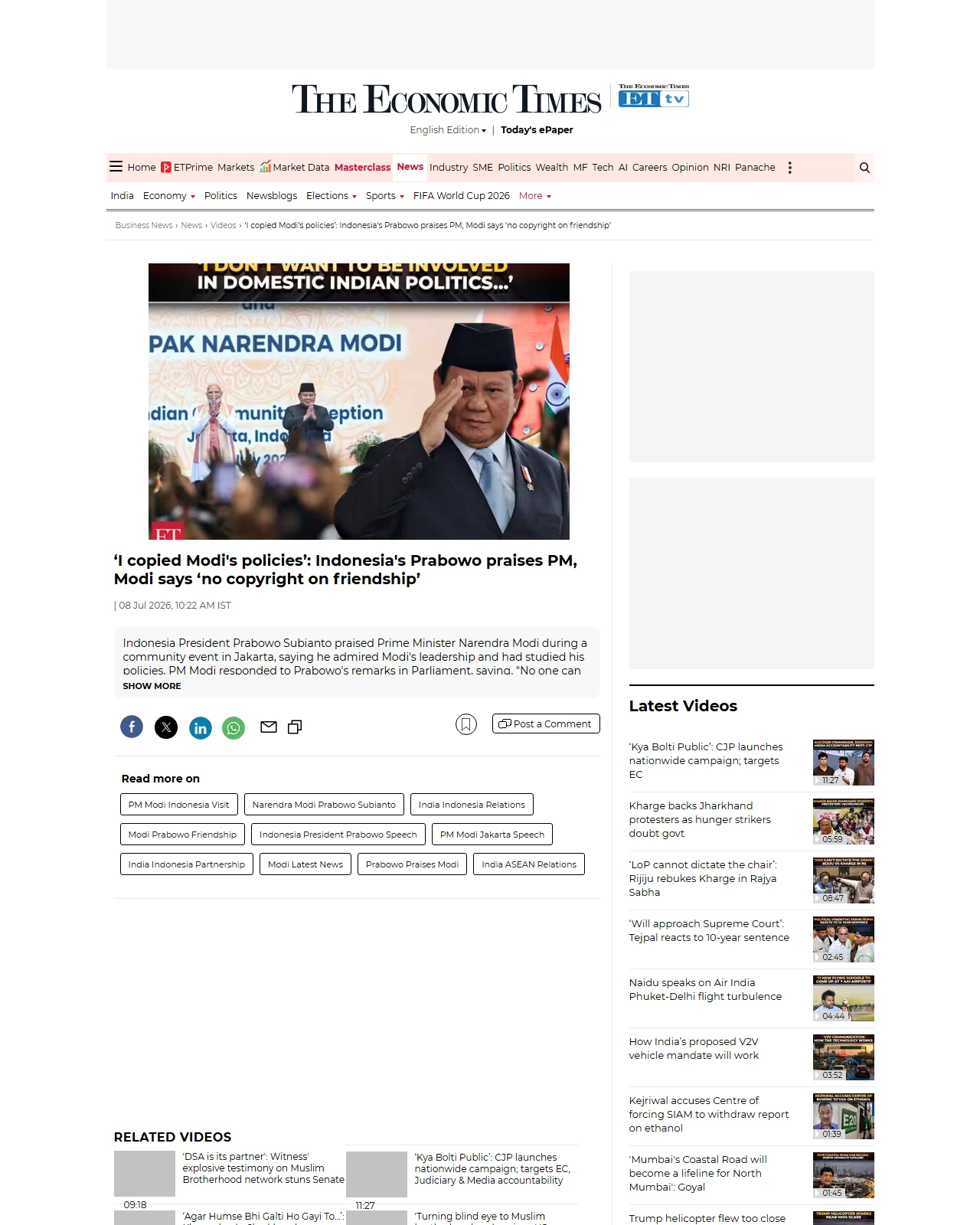 economictimes.com as published: ‘I copied Modi's policies’: Indonesia's Prabowo praises PM, Modi says ‘no copyright on friendship’