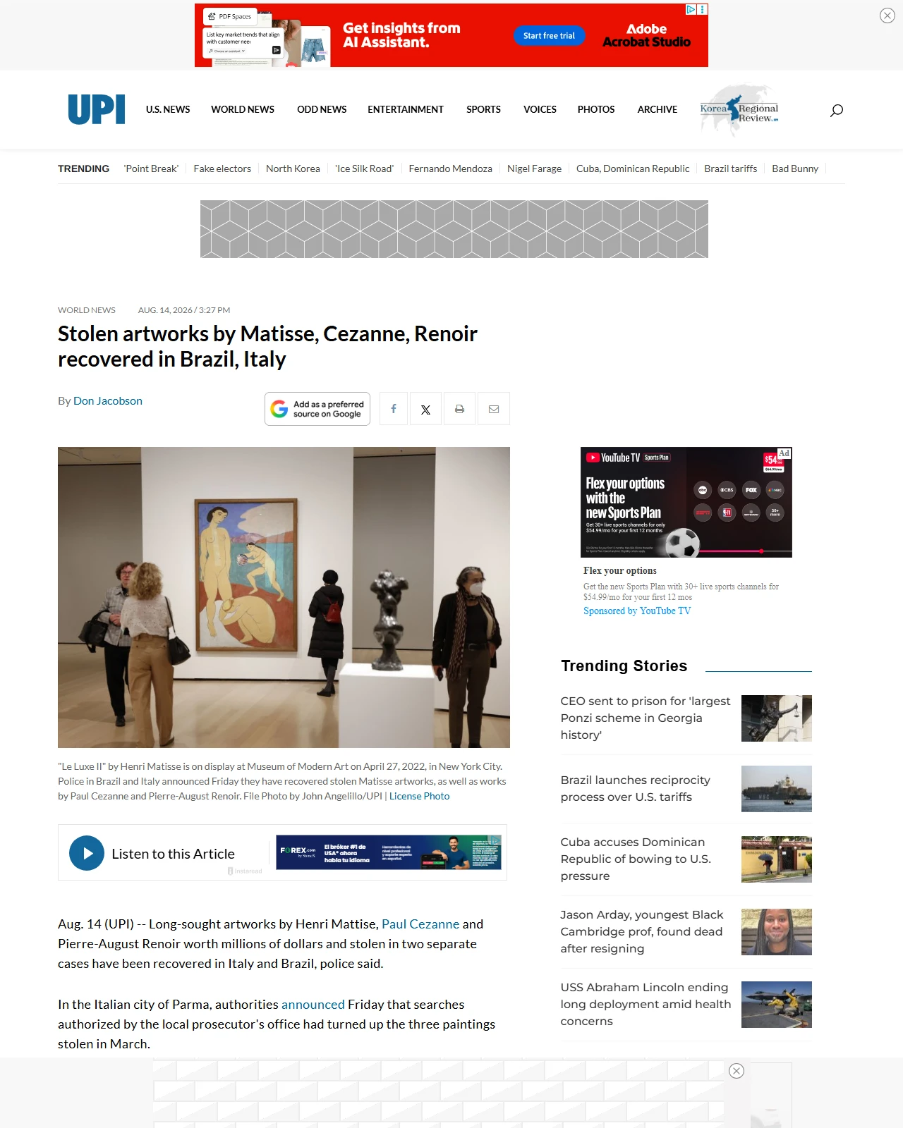 upi.com as published: Stolen artworks by Matisse, Cezanne, Renoir recovered in Brazil, Italy