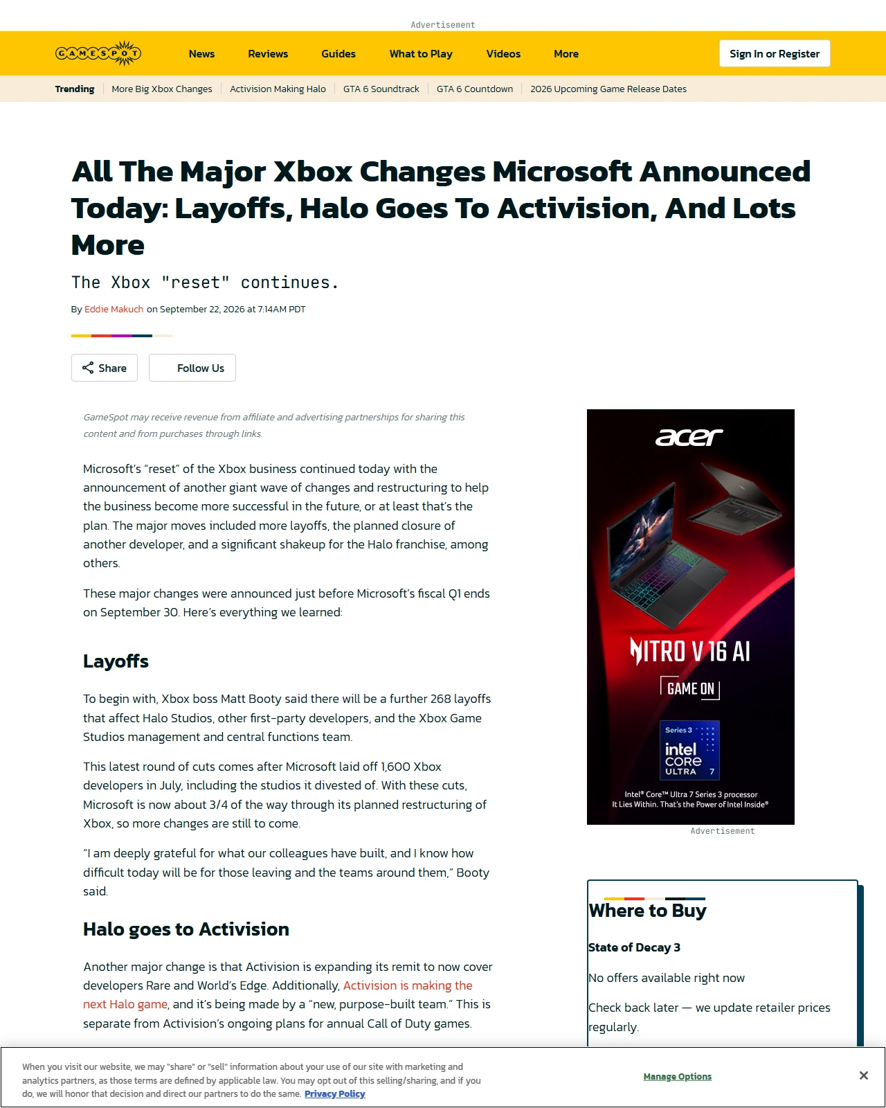 gamespot.com as published: All The Major Xbox Changes Microsoft Announced Today: Layoffs, Halo Goes To Activision, And Lots More
