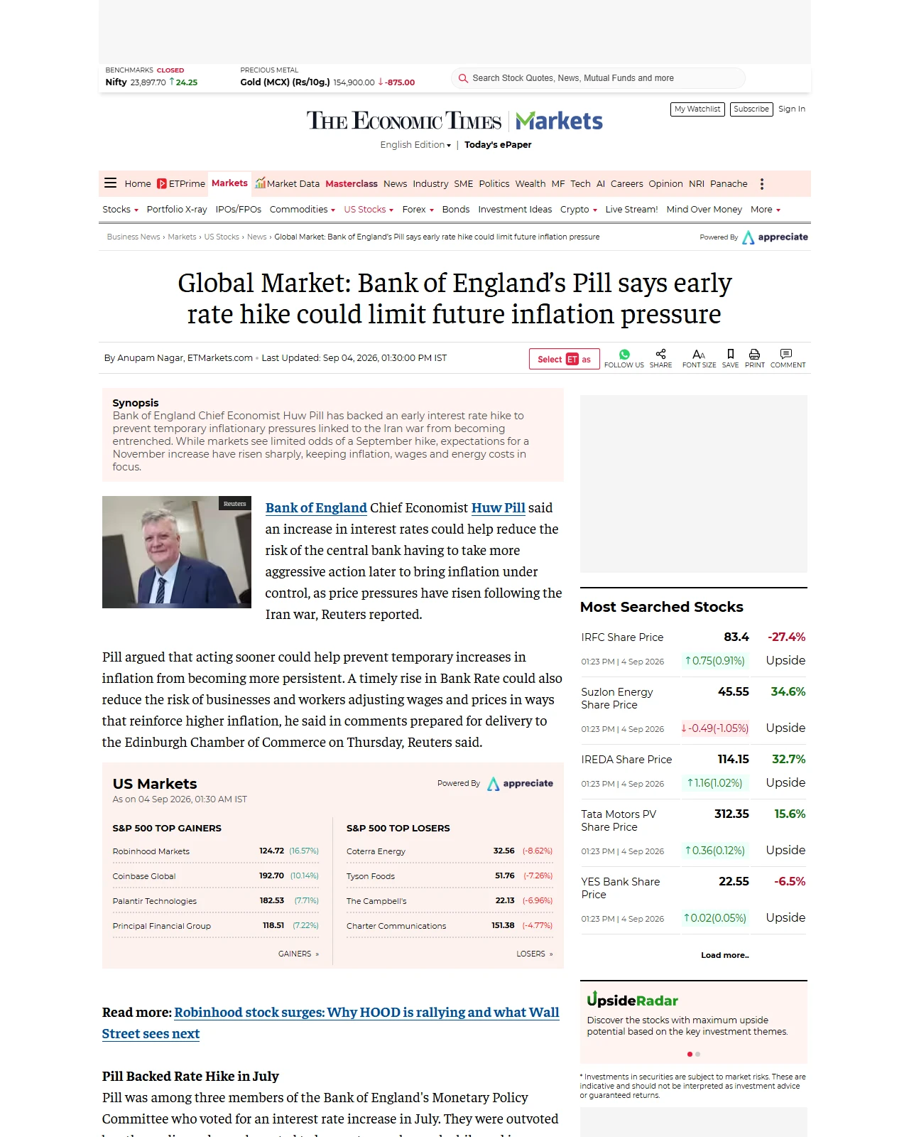 economictimes.indiatimes.com as published: Global Market: Bank of England’s Pill says early rate hike could limit future inflation pressure