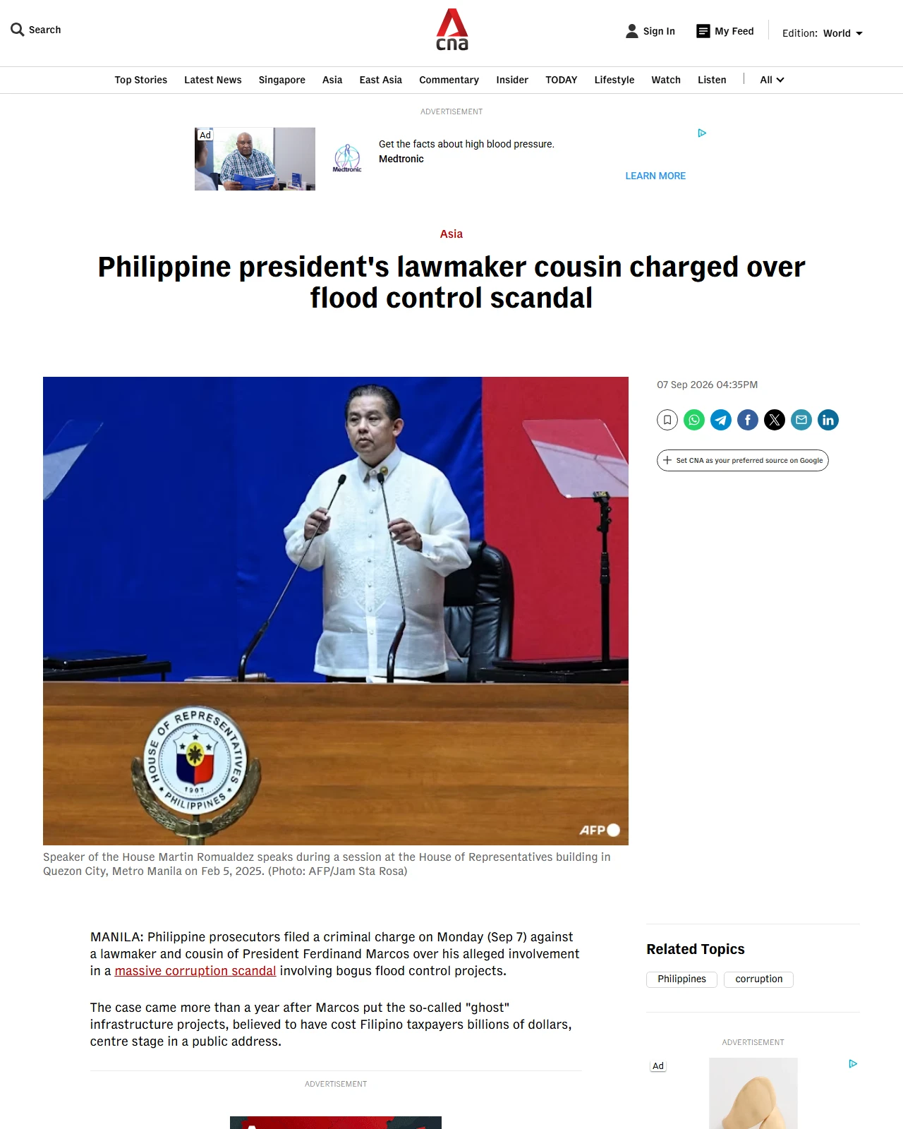 channelnewsasia.com as published: Philippine president's lawmaker cousin charged over flood control scandal
