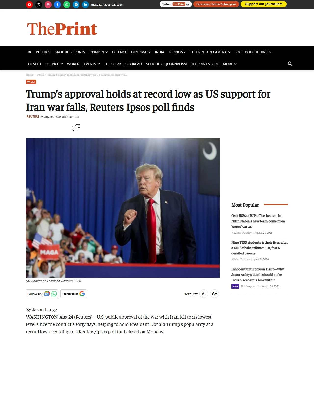 theprint.in as published: Trump’s approval holds at record low as US support for Iran war falls, Reuters Ipsos poll finds