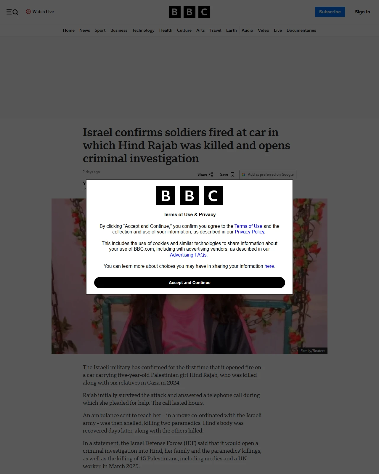 bbc.co.uk as published: Israel confirms soldiers fired at car in which Hind Rajab was killed and opens criminal investigation