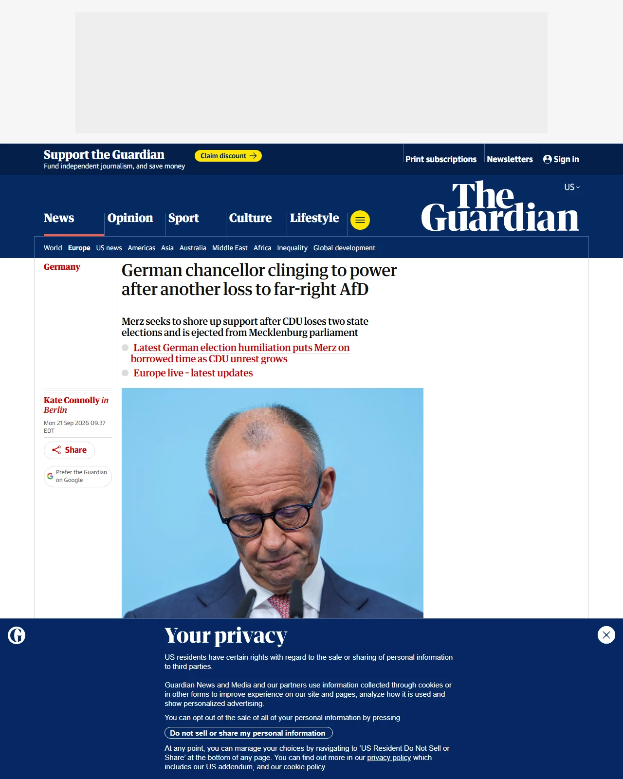 theguardian.com as published: German chancellor clinging to power after another loss to far-right AfD