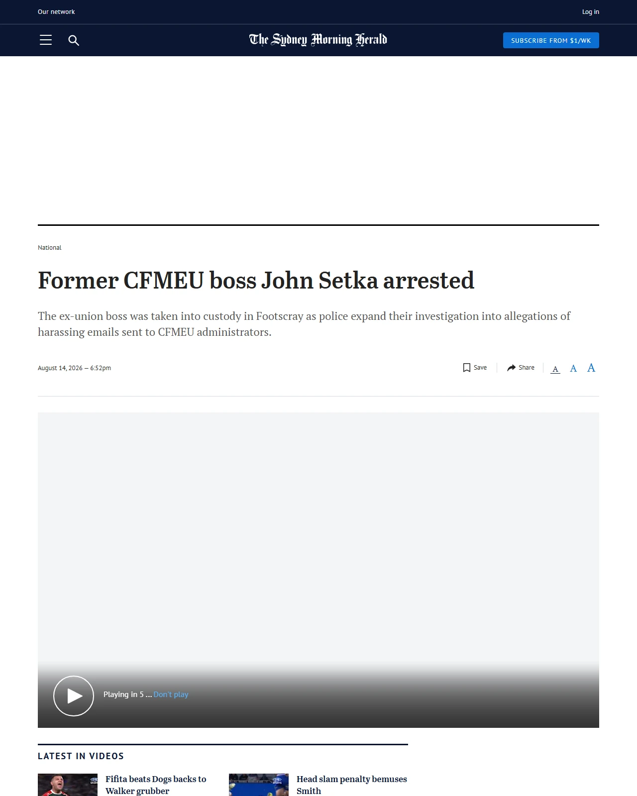 smh.com.au as published: Former CFMEU boss John Setka arrested