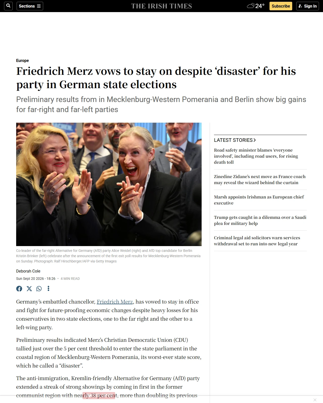 irishtimes.com as published: Friedrich Merz vows to stay on despite ‘disaster’ for his party in German state elections