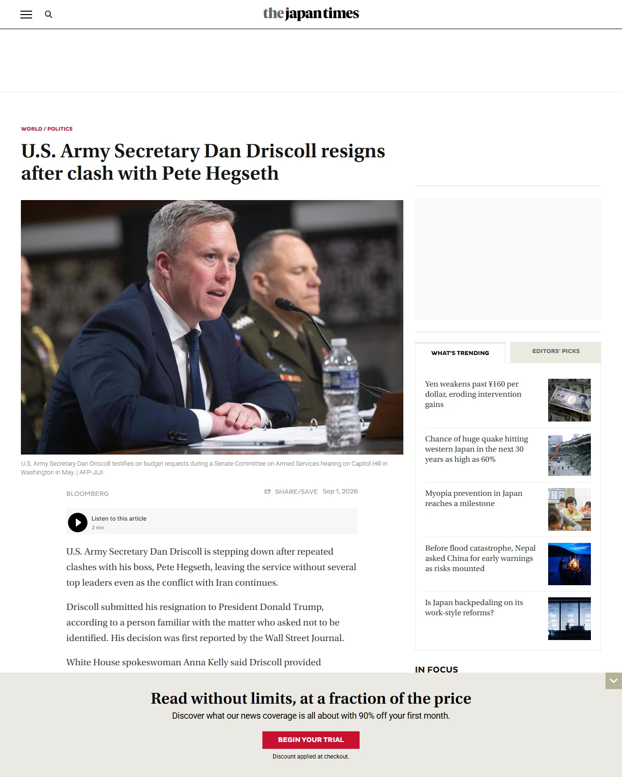 japantimes.co.jp as published: U.S. Army Secretary Dan Driscoll resigns after clash with Pete Hegseth