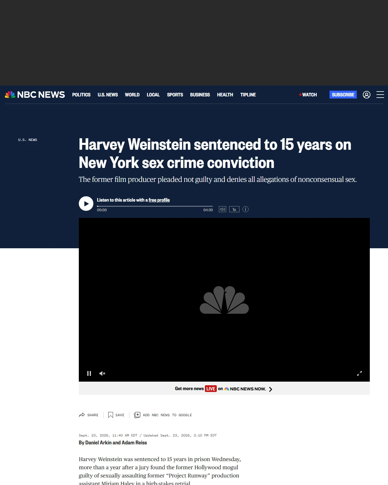 nbcnews.com as published: Harvey Weinstein sentenced to 15 years on New York sex crime conviction