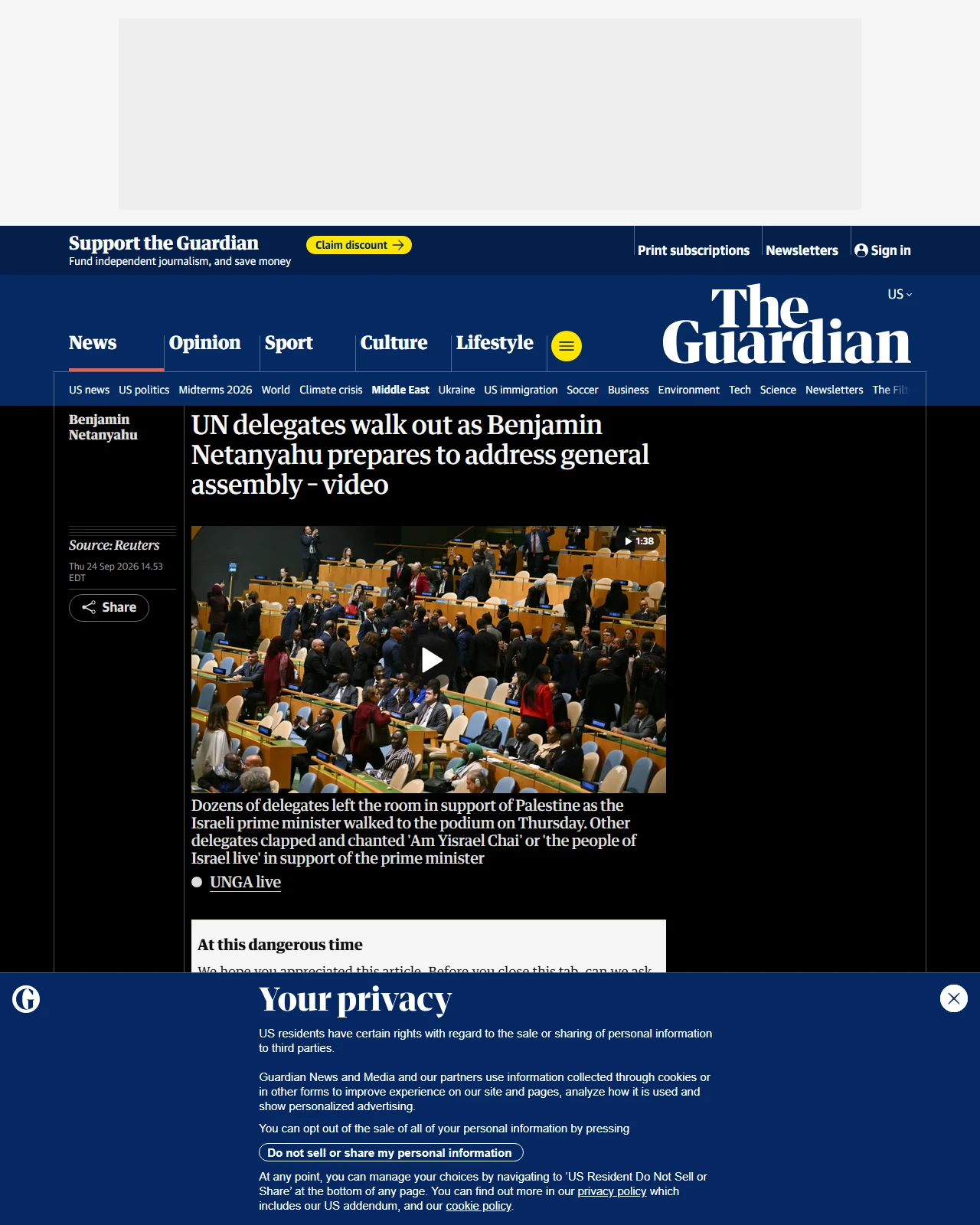 theguardian.com as published: UN delegates walk out as Benjamin Netanyahu prepares to address general assembly – video