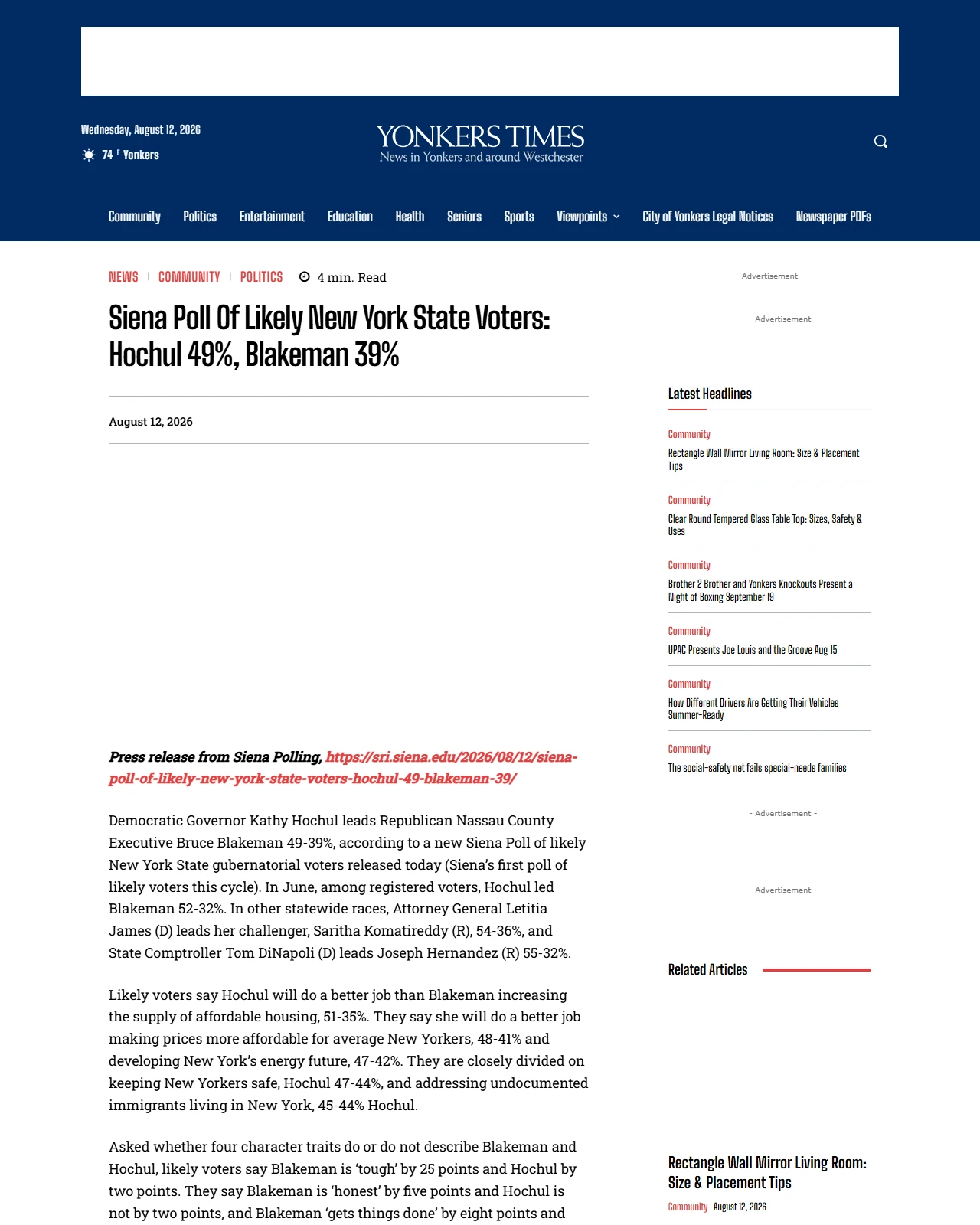 yonkerstimes.com as published: Siena Poll Of Likely New York State Voters: Hochul 49%, Blakeman 39%
