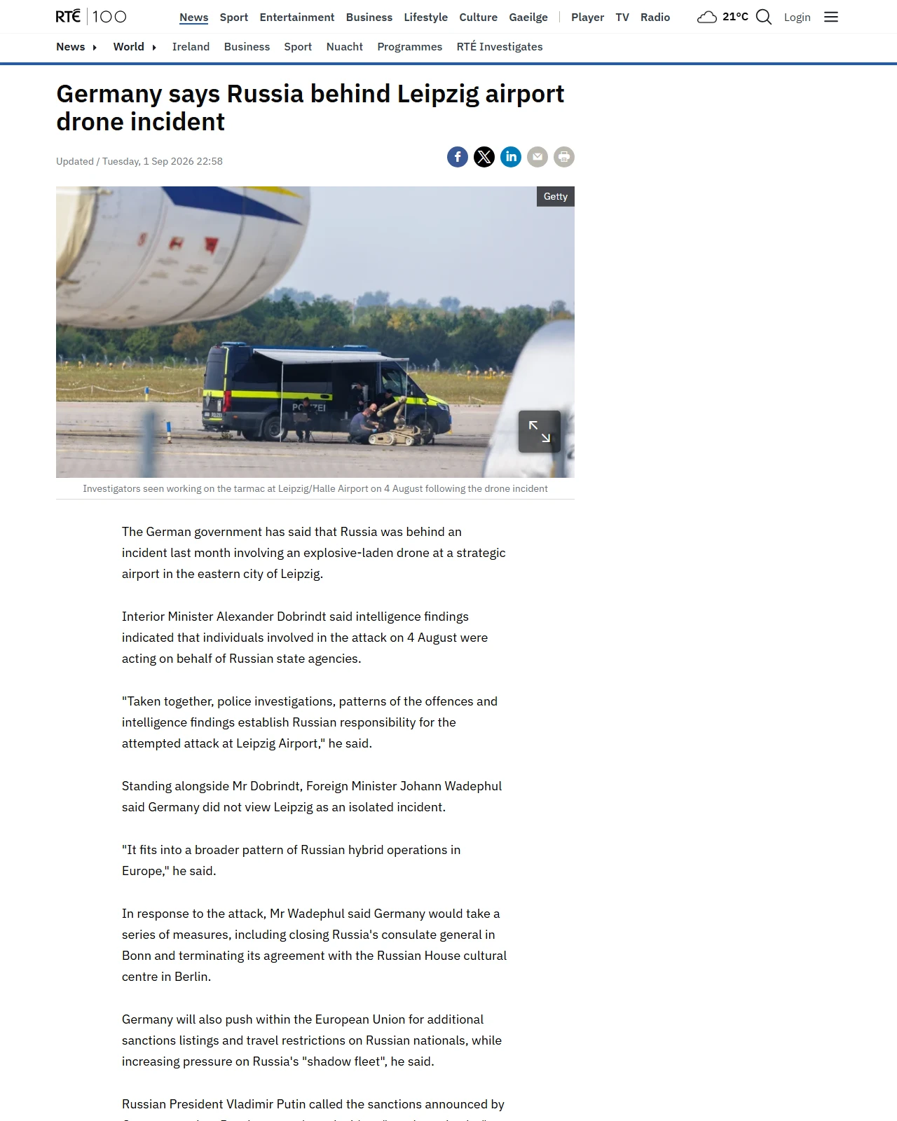 rte.ie as published: Germany says Russia behind Leipzig airport drone incident