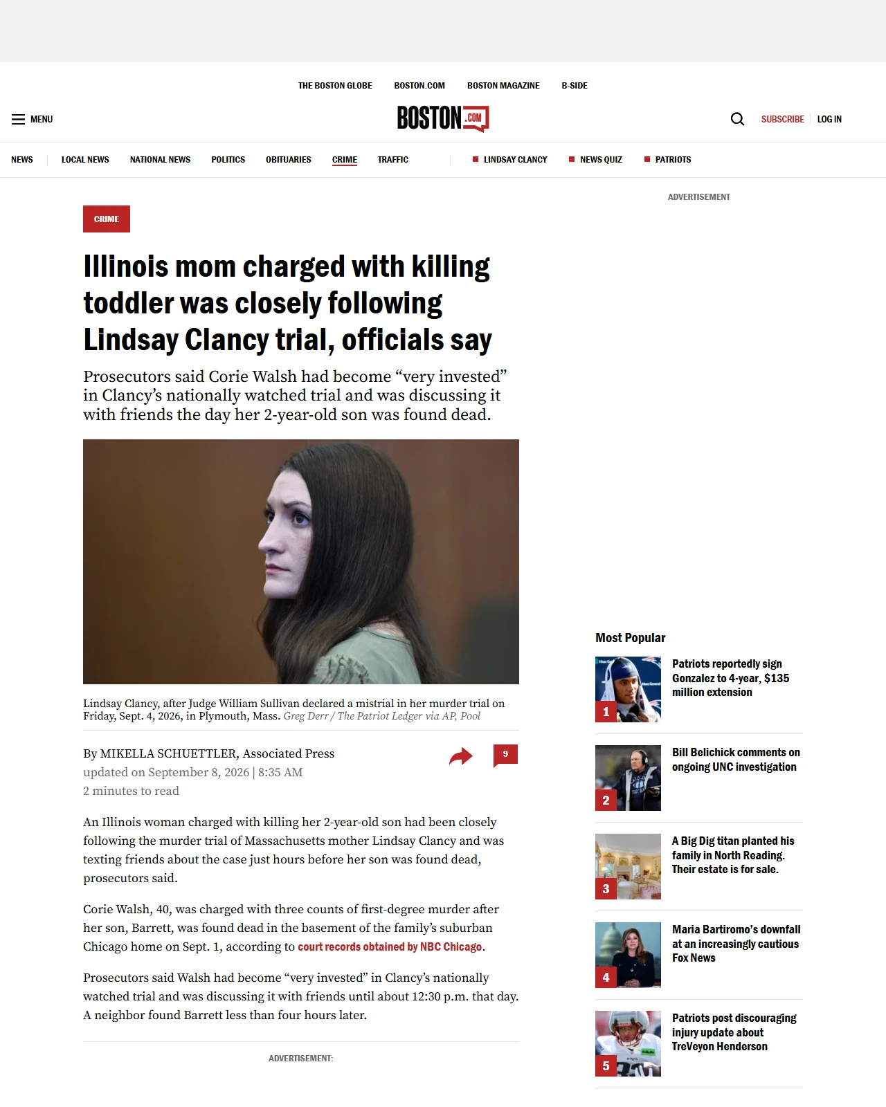 boston.com as published: Illinois mom charged with killing toddler was closely following Lindsay Clancy trial, officials say