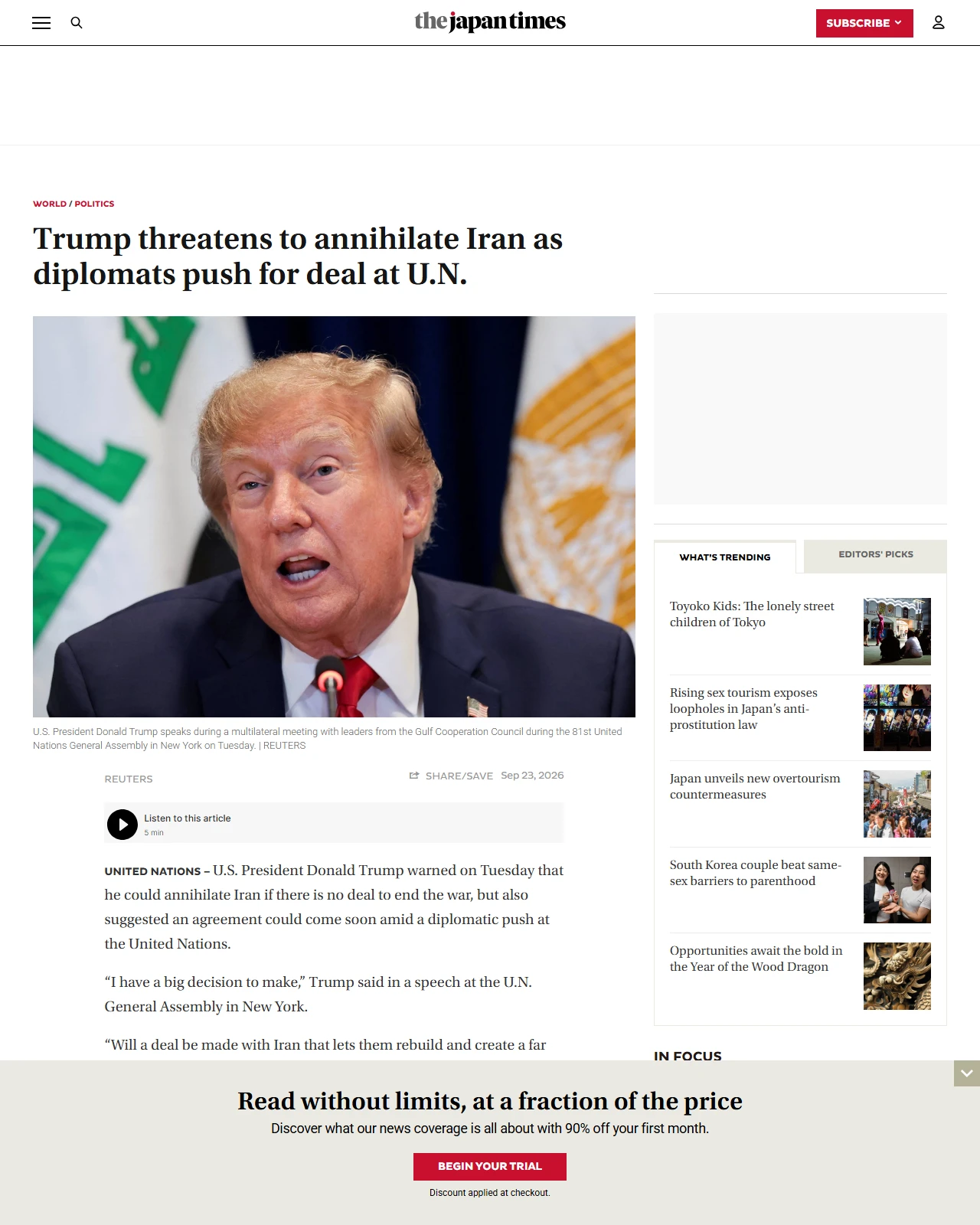 japantimes.co.jp as published: Trump threatens to annihilate Iran as diplomats push for deal at U.N.