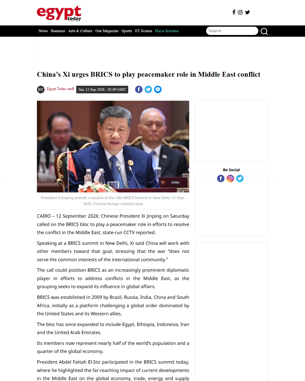 egypttoday.com as published: China’s Xi urges BRICS to play peacemaker role in Middle East conflict