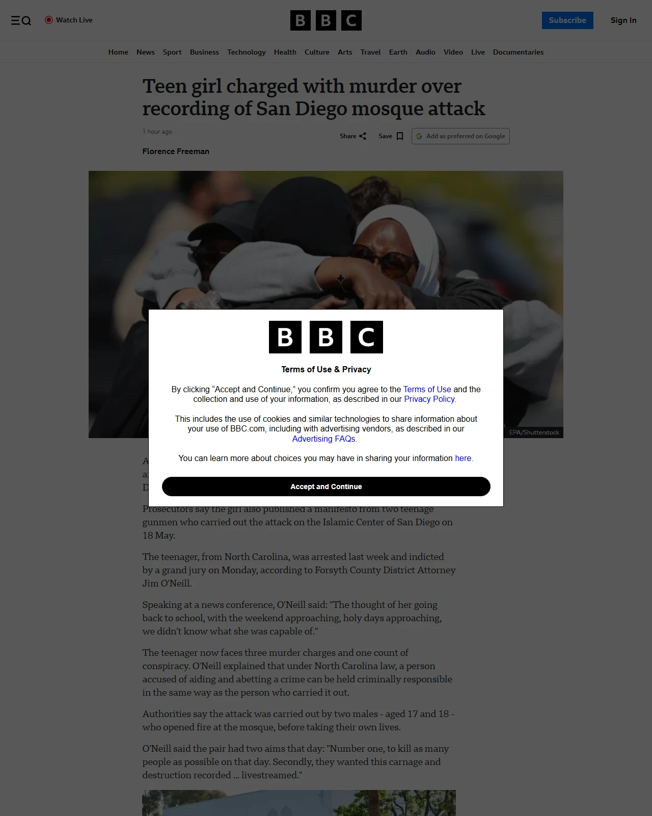 bbc.com as published: Teen girl charged with murder over recording of San Diego mosque attack