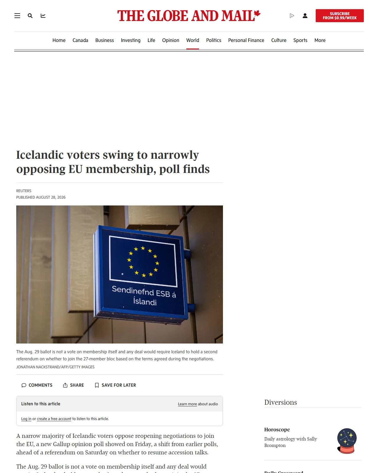 theglobeandmail.com as published: Icelandic voters swing to narrowly opposing EU membership, poll finds