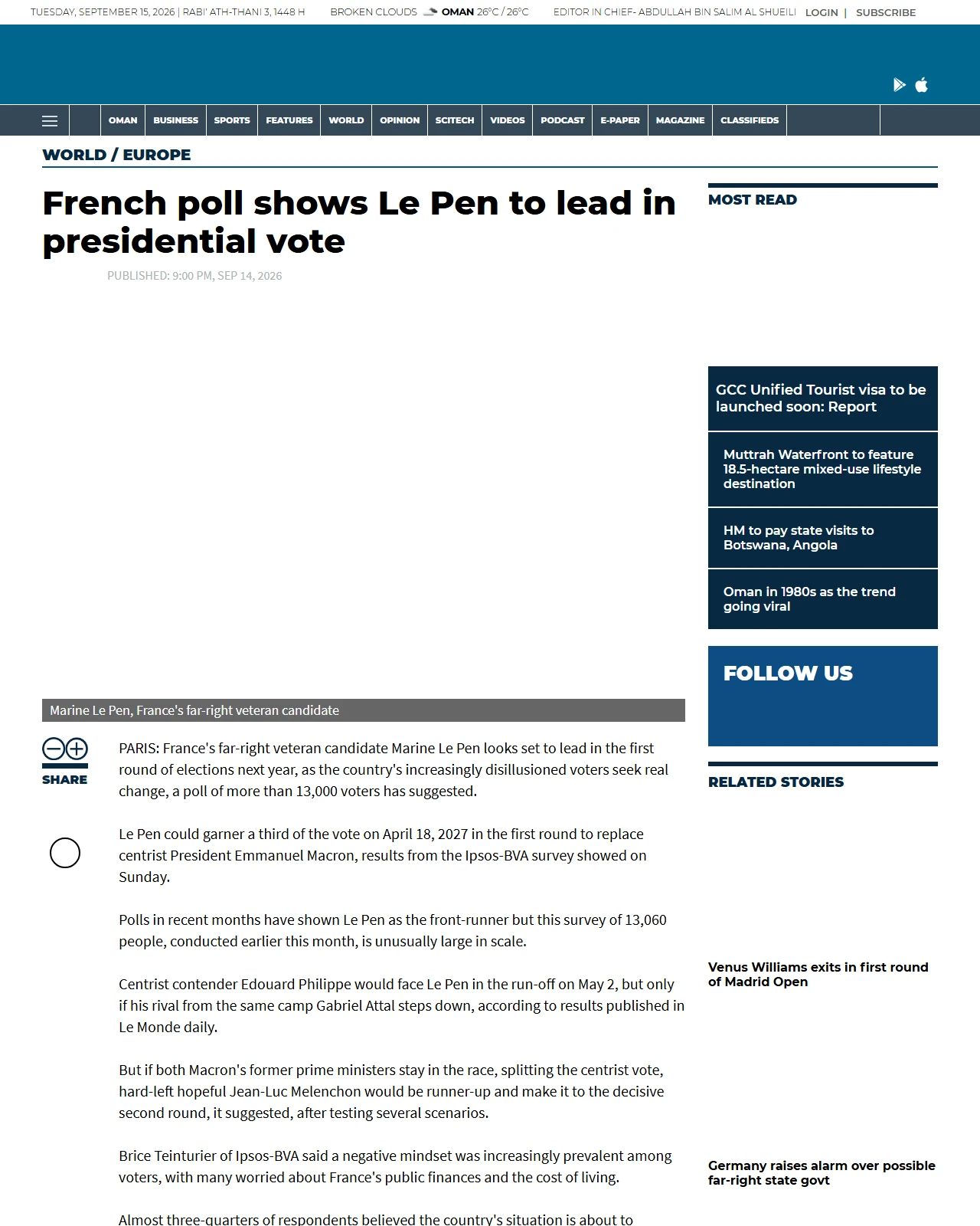omanobserver.om as published: French poll shows Le Pen to lead in presidential vote