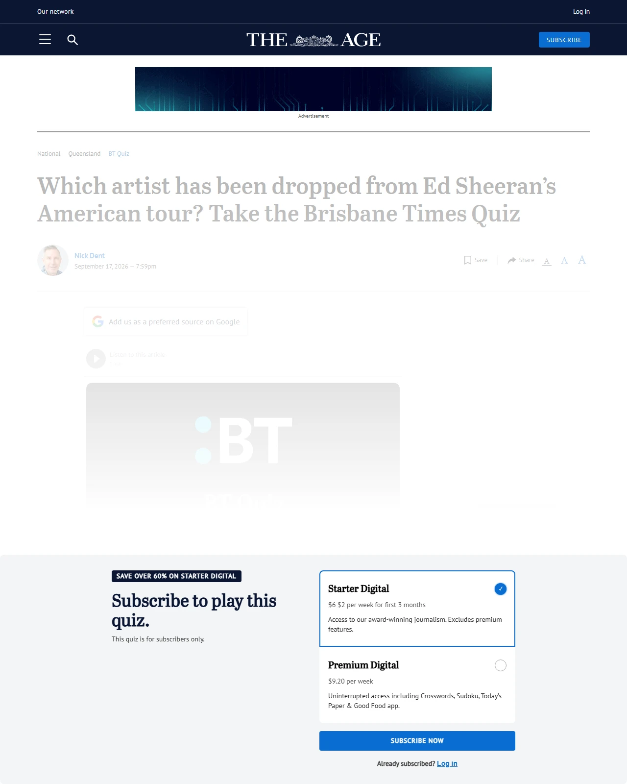 theage.com.au as published: Which artist has been dropped from Ed Sheeran’s American tour? Take the Brisbane Times Quiz