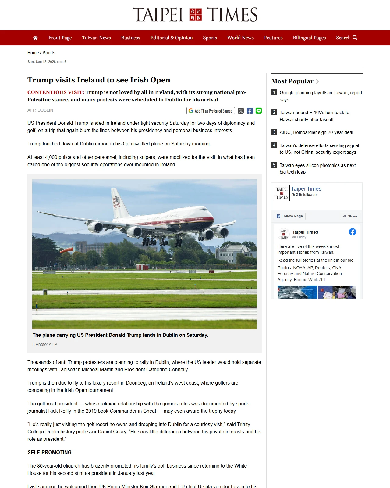 taipeitimes.com as published: Trump visits Ireland to see Irish Open