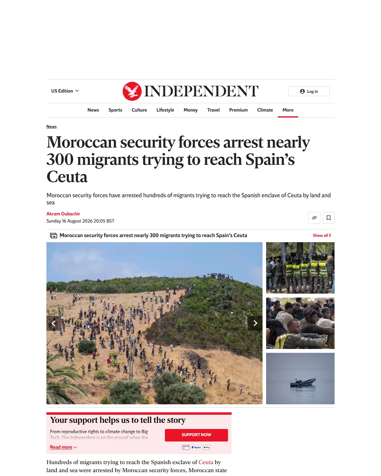 independent.co.uk as published: Moroccan security forces arrest nearly 300 migrants trying to reach Spain’s Ceuta