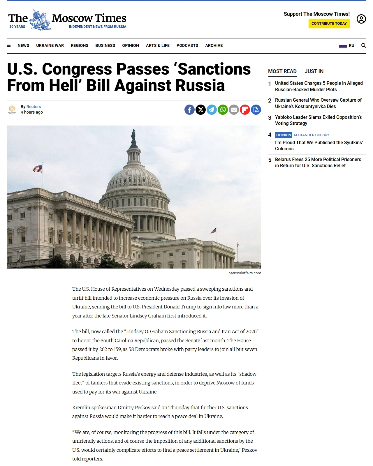 themoscowtimes.com as published: U.S. Congress Passes ‘Sanctions From Hell’ Bill Against Russia