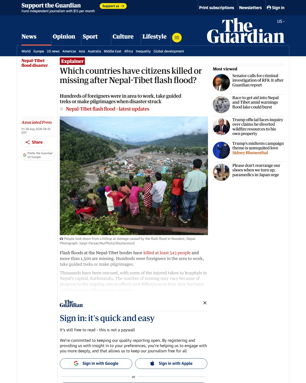 theguardian.com as published: Which countries have citizens killed or missing after Nepal-Tibet flash flood?