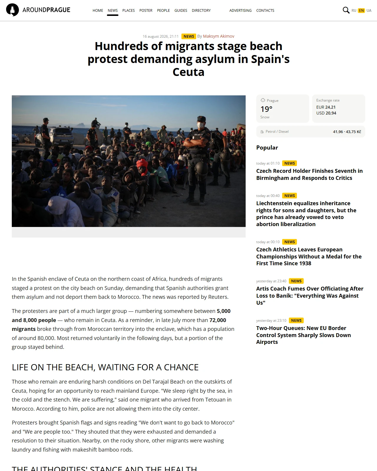 aroundprague.cz as published: Hundreds of migrants stage beach protest demanding asylum in Spain's Ceuta