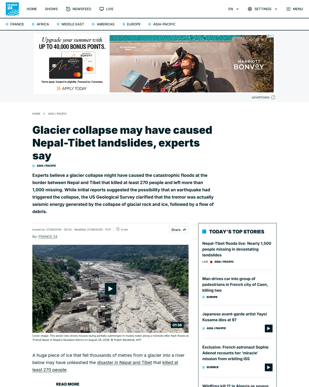france24.com as published: Glacier collapse may have caused Nepal-Tibet landslides, experts say