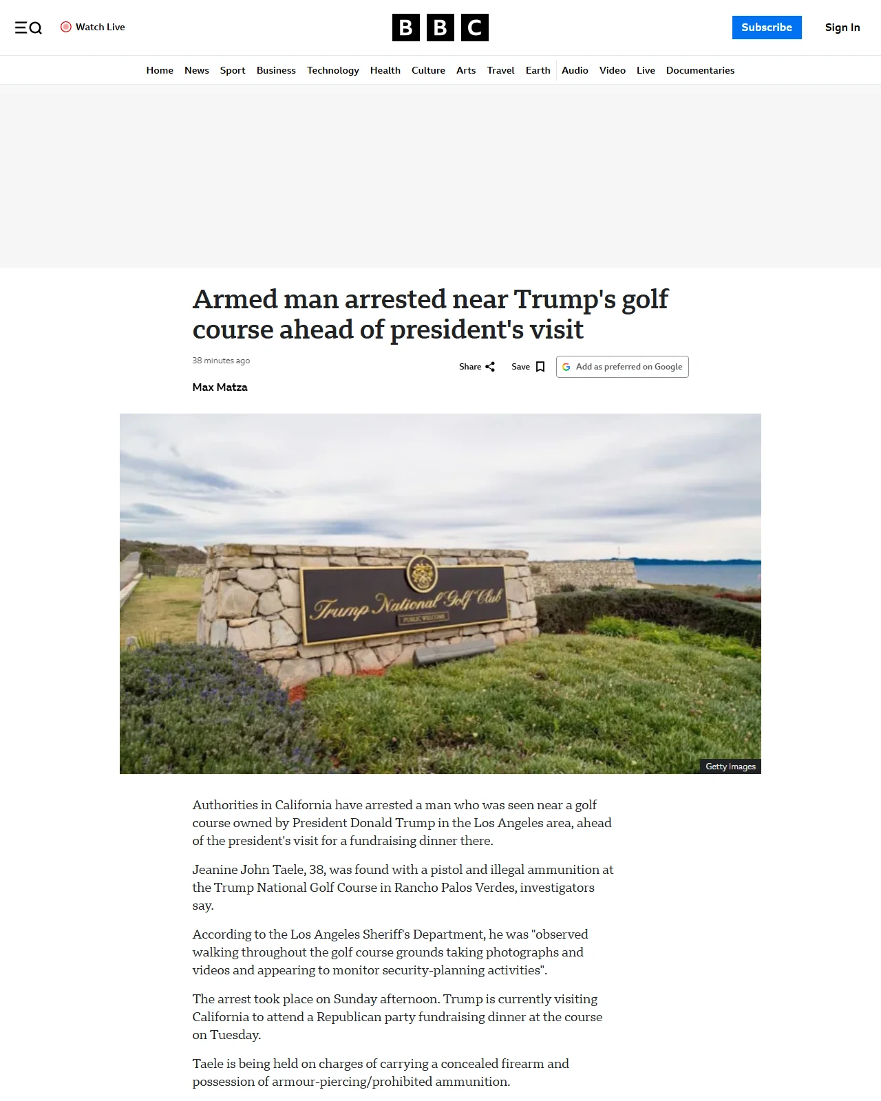 bbc.co.uk as published: Armed man with armour-piercing bullets arrested near Trump's California golf course