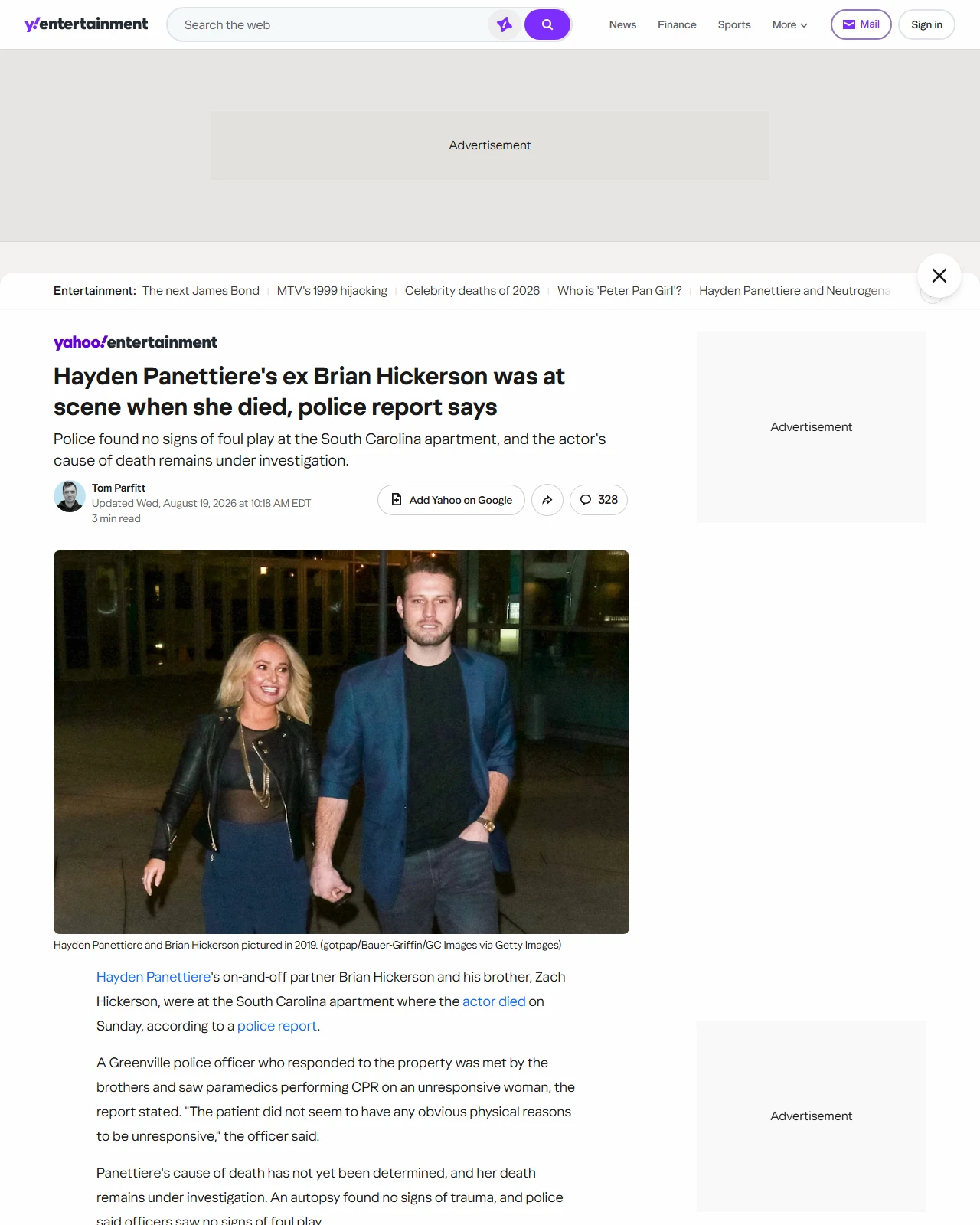 yahoo.com as published: Hayden Panettiere's ex Brian Hickerson was at scene when she died, police report says