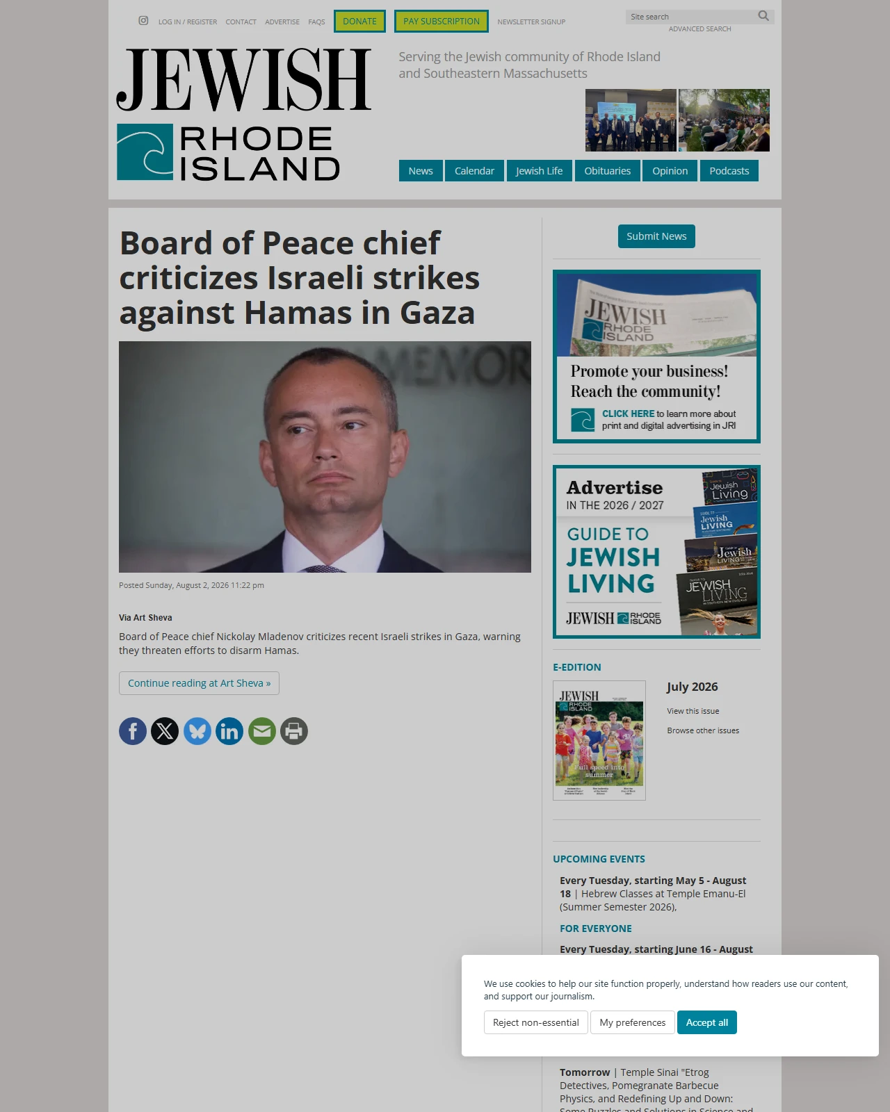 jewishrhody.com as published: Board of Peace chief criticizes Israeli strikes against Hamas in Gaza