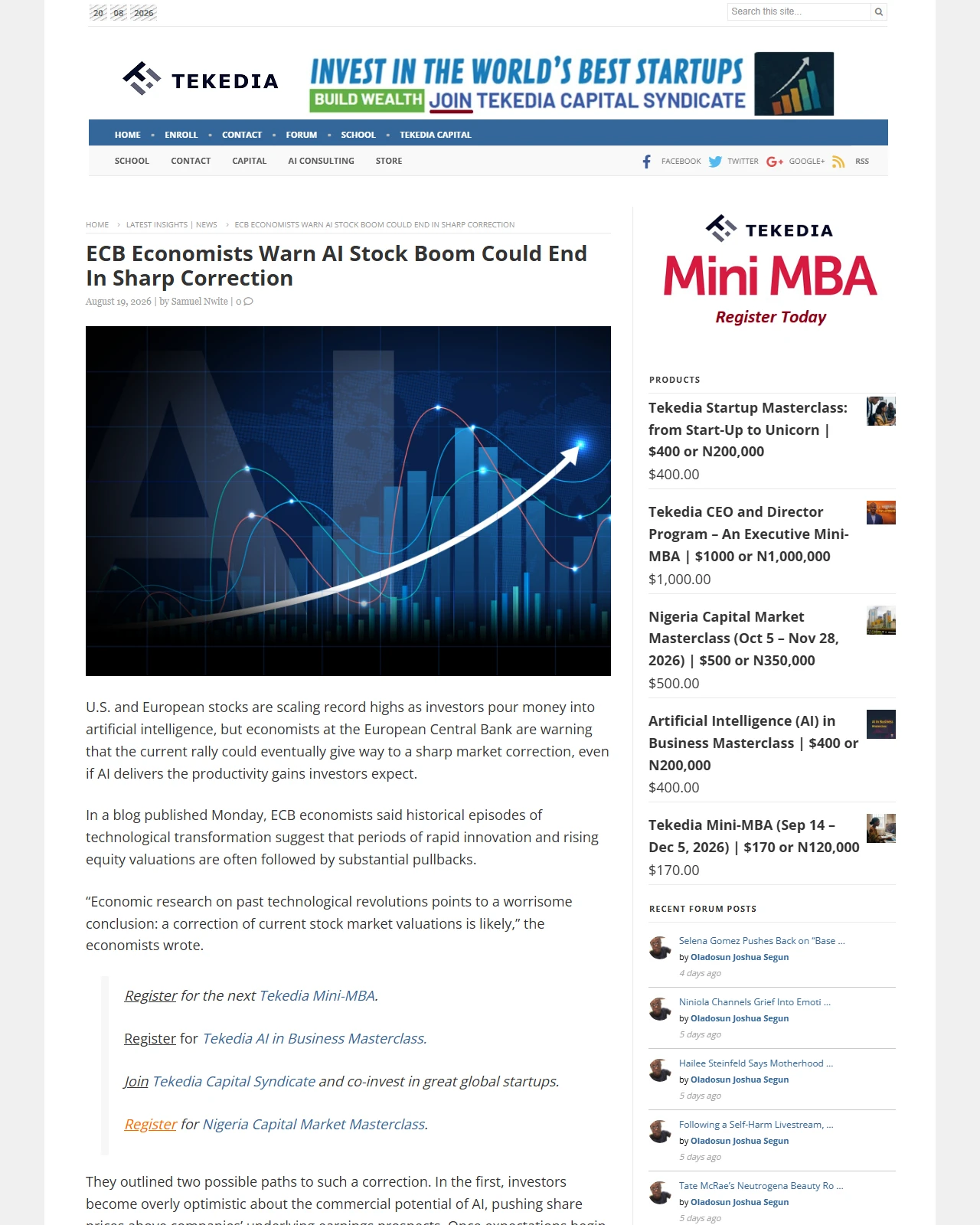 tekedia.com as published: ECB Economists Warn AI Stock Boom Could End In Sharp Correction