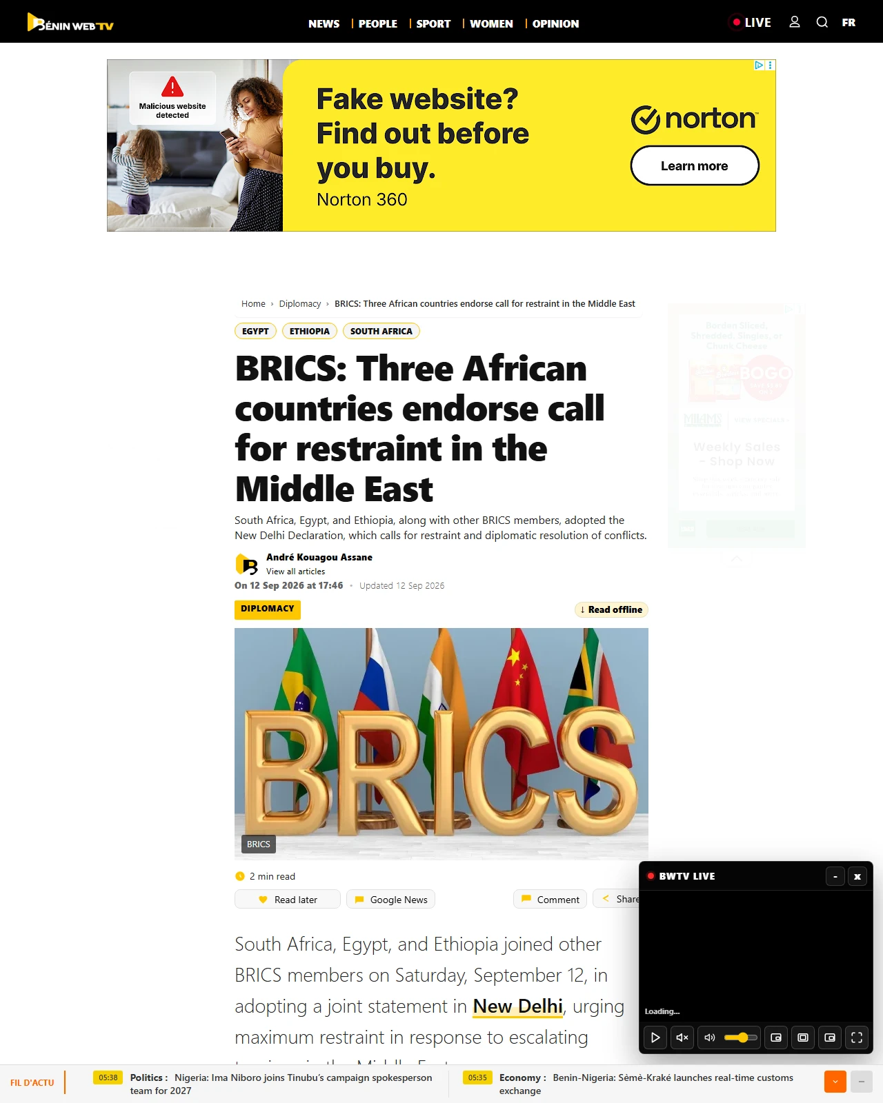 beninwebtv.bj as published: BRICS: Three African countries endorse call for restraint in the Middle East